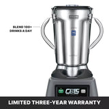 A commercial blender with a 4 liter stainless steel container, robust side handles, and an electronic keypad labeled CB15 THE LEGEND. Text states BLEND 100+ DRINKS A DAY. Banner below reads LIMITED THREE-YEAR WARRANTY.