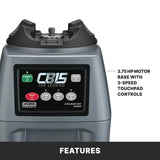 Close-up of a gray Waring Commercial blender base with a digital touchpad. Features include 3-speed touchpad controls, variable speed control, and a powerful 3.75 HP motor. The label reads CB15 The Legend—perfect for any commercial kitchen.