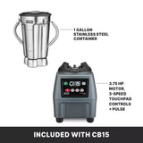 Image shows a Commercial blender featuring a 1-gallon stainless steel container next to a base with digital touchpad, 3.75 HP motor, and variable speed control. Text below reads, Included with CB15.