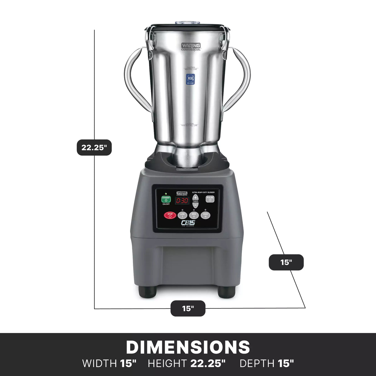 A Vitamix commercial blender with a 3.75 HP motor and stainless steel container features two side handles, a digital control panel, and sits on a black base. Its dimensions are 22.25" H x 15" W x 15" D.
