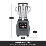 A Vitamix commercial blender with a 3.75 HP motor and stainless steel container features two side handles, a digital control panel, and sits on a black base. Its dimensions are 22.25" H x 15" W x 15" D.