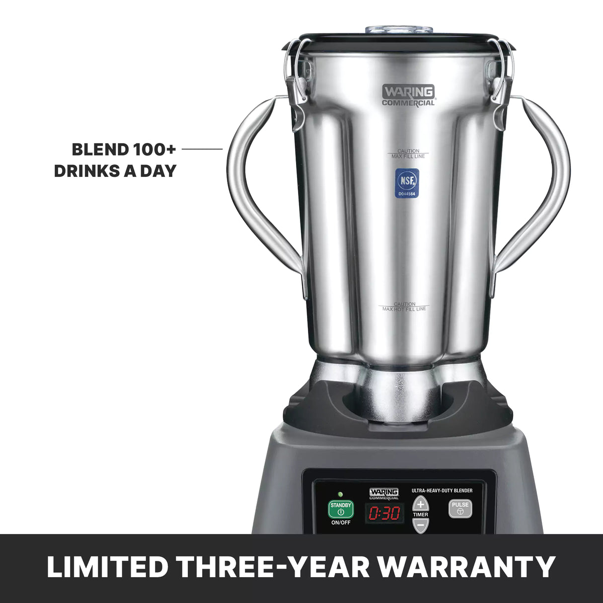 A 3.75 HP Waring commercial blender with handles and a stainless steel container is shown on a black base with a digital display. Text reads “Blend 100+ drinks a day.” A banner at the bottom states “Limited three-year warranty.”.