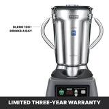 A 3.75 HP Waring commercial blender with handles and a stainless steel container is shown on a black base with a digital display. Text reads “Blend 100+ drinks a day.” A banner at the bottom states “Limited three-year warranty.”.