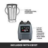 A commercial blender with a powerful 3.75 HP motor is shown, featuring a 1-gallon stainless steel container, 3-speed touchpad controls with timer and pulse. Text at the bottom reads, Included with CB15T.