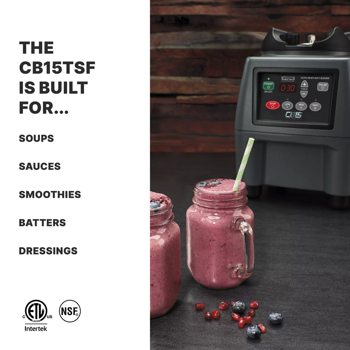 A commercial blender with a 4 liter stainless steel container sits on a dark wooden surface beside two mason jar glasses filled with pink smoothies, topped with blueberries and a striped straw. Text at left lists uses: soups, sauces, smoothies, batters, dressings.