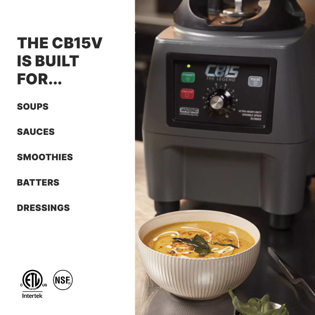 A commercial blender labeled “CB15 THE LEGEND” sits on a counter with a bowl of creamy soup garnished with herbs and seeds. The CB15V’s stainless steel container and variable speed control make it perfect for soups, sauces, smoothies, batters, and dressings.