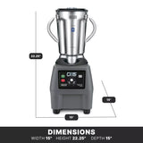 A large commercial blender with a stainless steel container and two side handles sits on a black base. White lines and text indicate its dimensions: 15 wide, 15 deep, and 22.25 high. Variable speed control buttons and digital display are on the front.