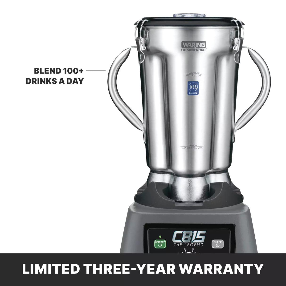 A stainless steel commercial blender with handles, variable speed control, and a digital panel is shown. Text reads “Blend 100+ drinks a day” and “LIMITED THREE-YEAR WARRANTY.” The blender is labeled “Waring Commercial” and “CB15 The Legend.”.