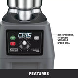 Close-up of a Commercial Blender’s control panel labeled “CB15 THE LEGEND” with Variable Speed Control, standby and pulse buttons, and indicator lights. Right text highlights 3.75 HP motor and 10-speed dial. FEATURES banner at the bottom.