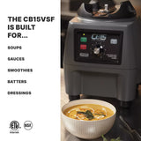 A 4 liter Commercial Blender with a black base and stainless steel container sits on a kitchen counter next to creamy soup garnished with herbs. On the left, bold text lists: “The CB15VSF is built for… soups, sauces, smoothies, batters, dressings.”.