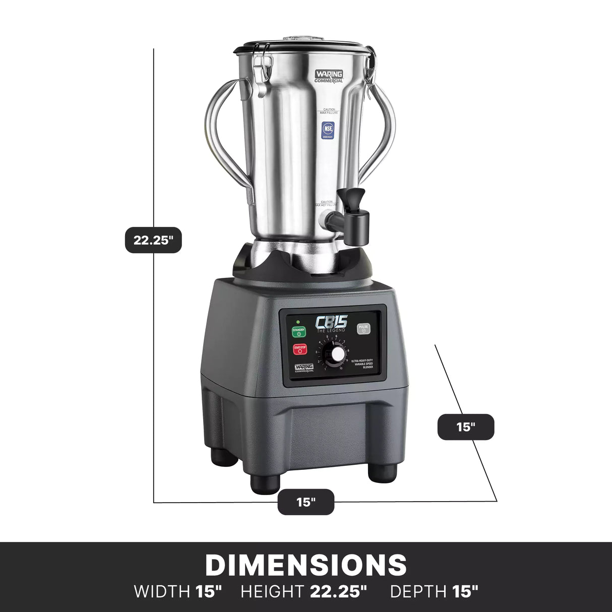A 4 liter Commercial Blender with a stainless steel container and handles sits on a gray base featuring control buttons and a power switch. Dimensions are labeled: height 22.25 inches, width and depth both 15 inches.