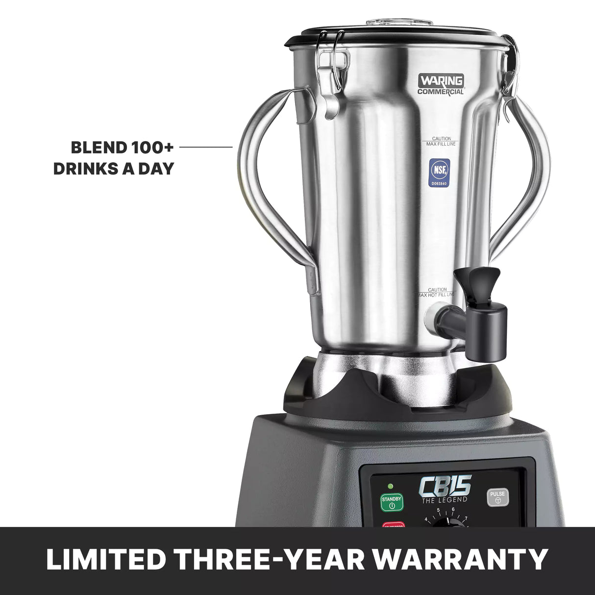 A commercial blender with a 4 liter stainless steel container, sturdy handles, and a spout sits on a black base labeled “CB15 THE LEGEND.” Text highlights “BLEND 100+ DRINKS A DAY.” Banner below reads, “LIMITED THREE-YEAR WARRANTY.”.