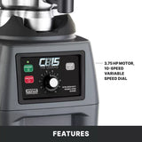 Close-up of a Waring CB15 Commercial Blender control panel, showing a 10-speed variable dial, green standby button, red start/stop button, gray pulse button, and label “3.75 HP motor.” Text highlights the powerful motor and 4 liter stainless steel container.