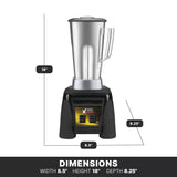 A silver Xtreme Series Blender with a 3.5 HP motor and stainless steel container sits on a black base. Measurement lines show its dimensions: 18 inches tall, 8.5 inches wide, and 8.25 inches deep. The front panel has two switches and yellow detail.