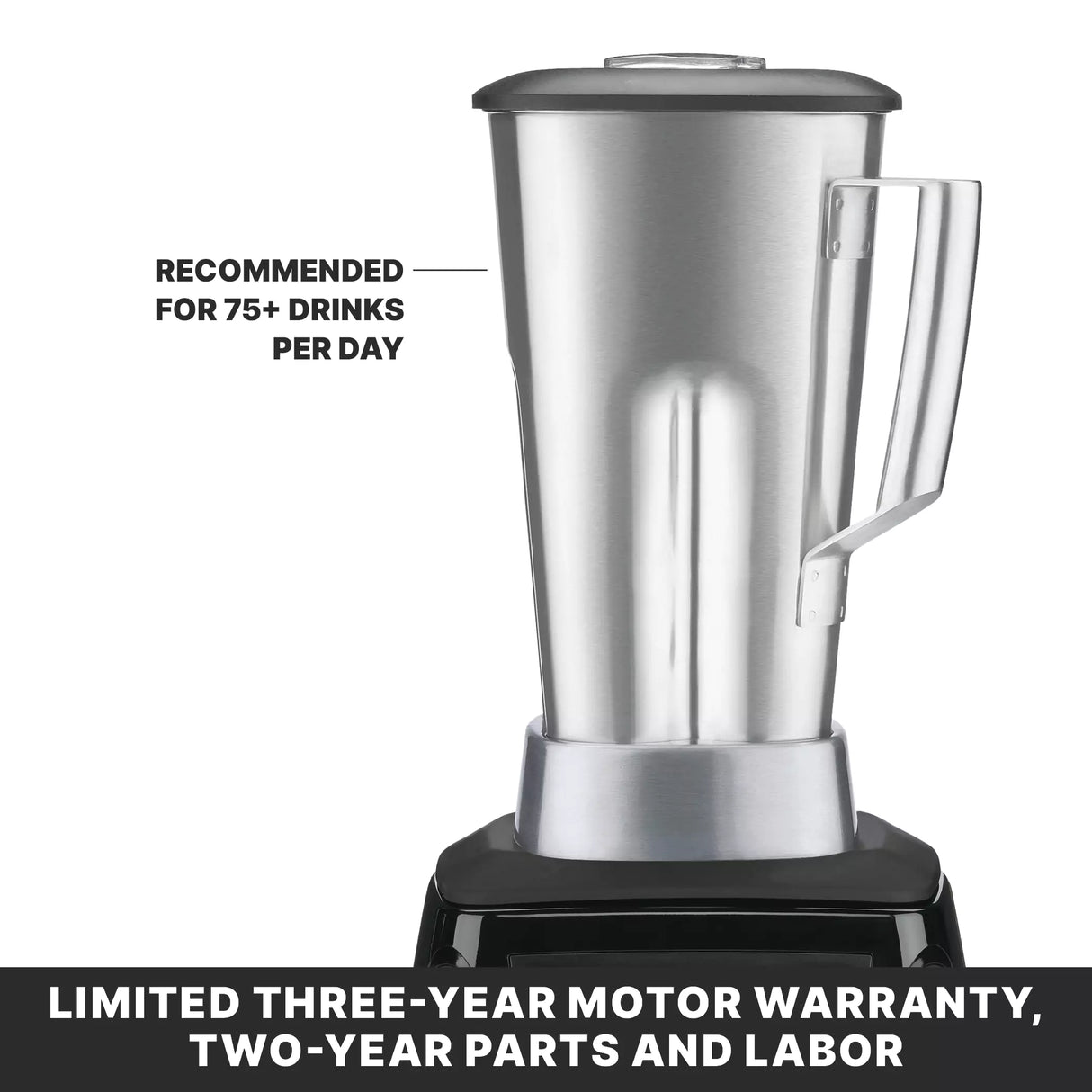A Xtreme Series Blender with a 3.5 HP motor and stainless steel container is shown on a black base. Text beside it reads, Recommended for 75+ drinks per day. Below, a banner notes a limited three-year motor warranty, two-year parts and labor.