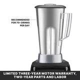 A Xtreme Series Blender with a 3.5 HP motor and stainless steel container is shown on a black base. Text beside it reads, Recommended for 75+ drinks per day. Below, a banner notes a limited three-year motor warranty, two-year parts and labor.