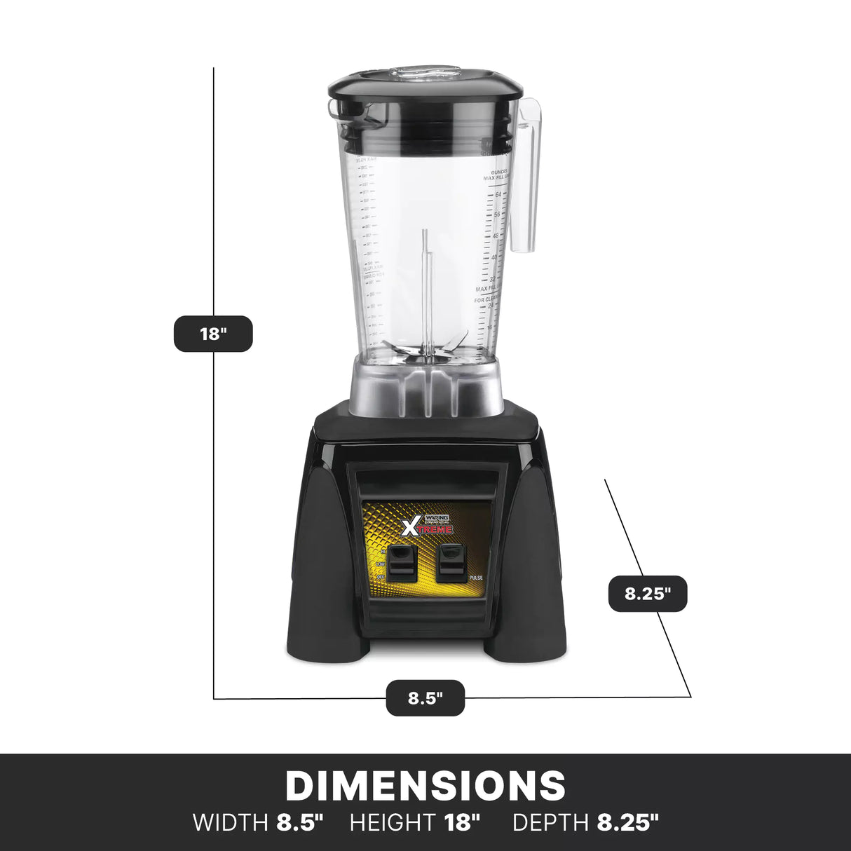 An Xtreme Series Blender with a clear pitcher, black lid, and handle sits on a black base with control switches. Lines highlight its 18" height, 8.5" width, and 8.25" depth. A “Dimensions” bar repeats these; powerful 3.5 HP performance shown.