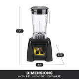 An Xtreme Series Blender with a clear pitcher, black lid, and handle sits on a black base with control switches. Lines highlight its 18" height, 8.5" width, and 8.25" depth. A “Dimensions” bar repeats these; powerful 3.5 HP performance shown.