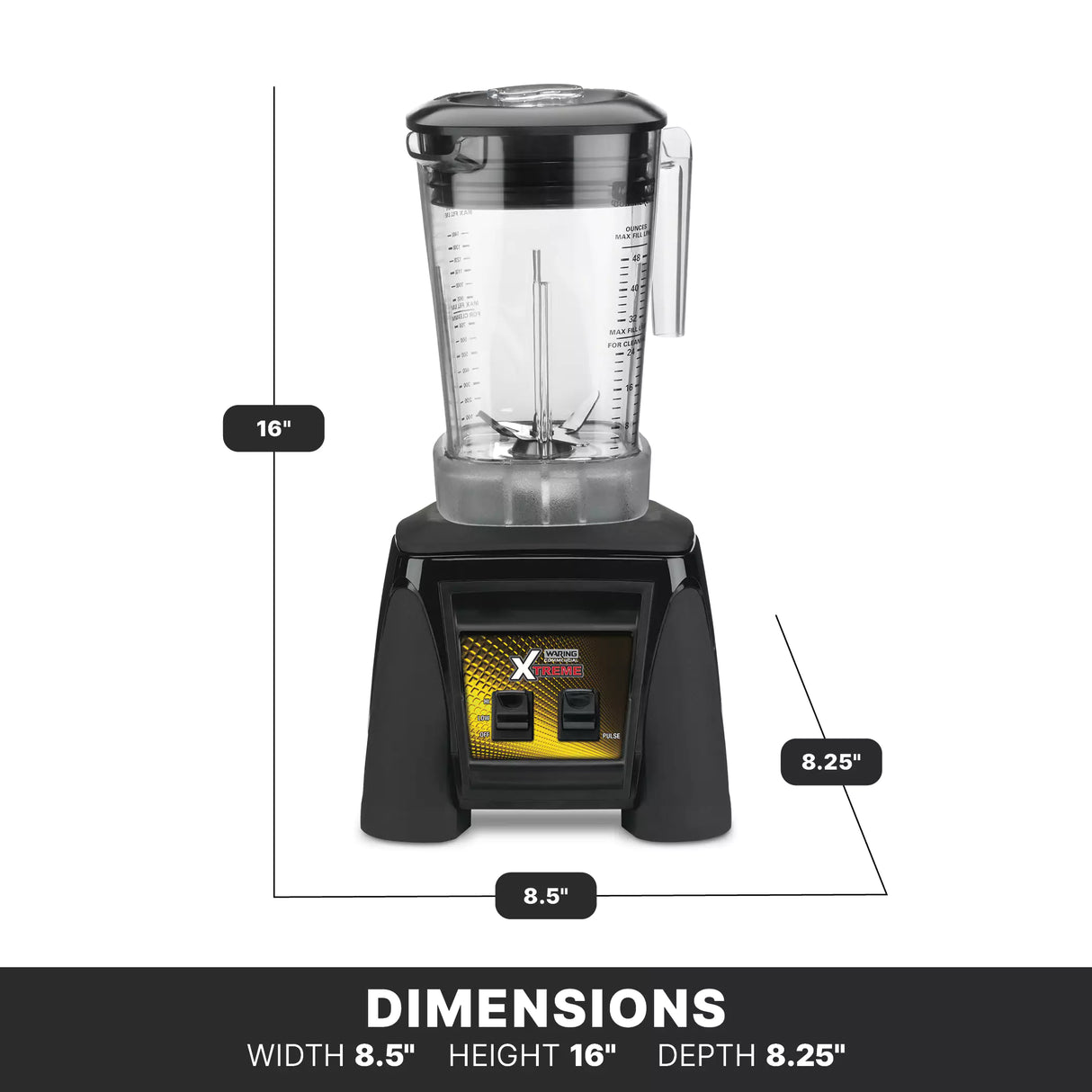 A black Xtreme Series Blender with a clear pitcher and handle is shown. Dimensions are labeled: height 16 inches, width 8.5 inches, depth 8.25 inches. Below, bold text reads DIMENSIONS: WIDTH 8.5”, HEIGHT 16”, DEPTH 8.25” on a black background.