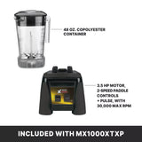 A 48 oz. copolyester Xtreme Series Blender container and a base featuring a 3.5 HP motor, 2-speed paddle controls, and pulse function with 30,000 max RPM, labeled “Included with MX1000XTXP” on a black banner at the bottom.