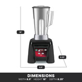 A Xtreme Series Blender with a stainless steel container and red control panel sits on a black base. Labeled lines show its 18" height, 8.5" width, and 8.25" depth. A black banner below displays dimensions against a white background.