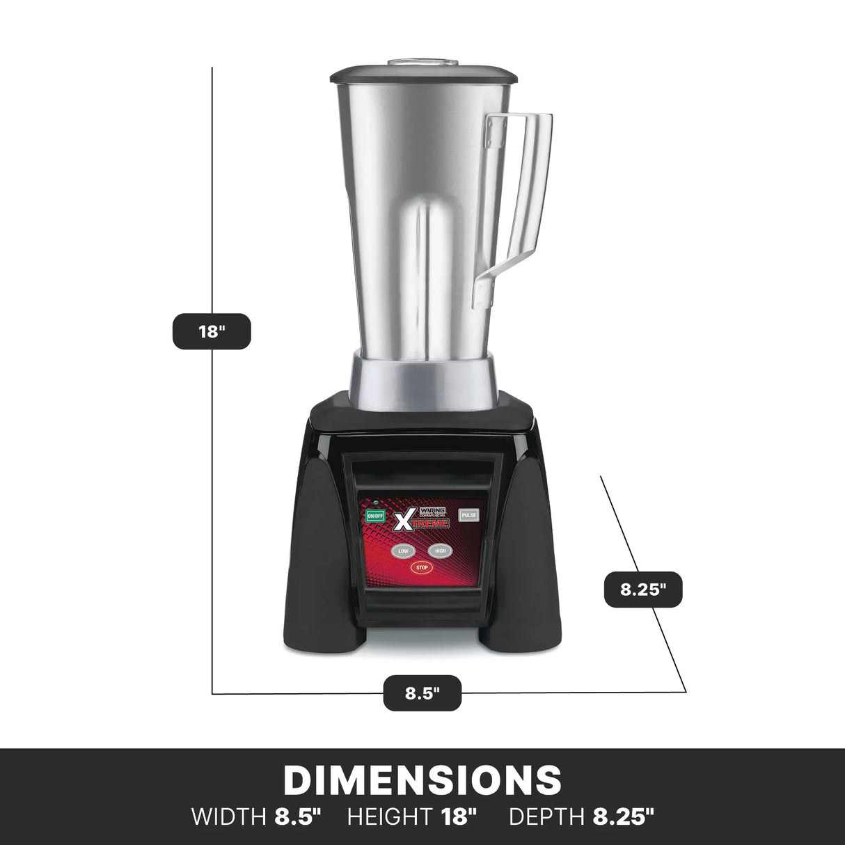 An Xtreme Series Blender with a tall, 3.5 HP stainless steel container and black base is shown from the front. Lines indicate its dimensions: 18 inches tall, 8.5 inches wide, and 8.25 inches deep. The base features a red control panel with buttons and display.