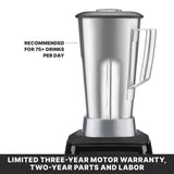 A Xtreme Series Blender with a 3.5 HP motor is shown, featuring a stainless steel container, handle, and lid. Text reads “Recommended for 75+ drinks per day.” A black banner notes the limited three-year motor warranty, two-year parts and labor.