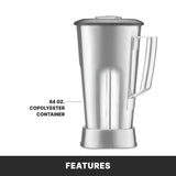 A metallic blender jar with a handle and lid, labeled “64 oz. stainless steel container.” The jar stands upright on an Xtreme Series Blender base. The background is plain white, with “FEATURES” in bold white letters on a black bar below.
