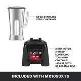 Two labeled parts of the Xtreme Series Blender: a 64 oz. stainless steel container (top) and a black blender base with electronic touchpad controls, 3.5 HP motor, 2 speeds, and 30,000 max RPM (bottom). Text below: INCLUDED WITH MX1050XTS.