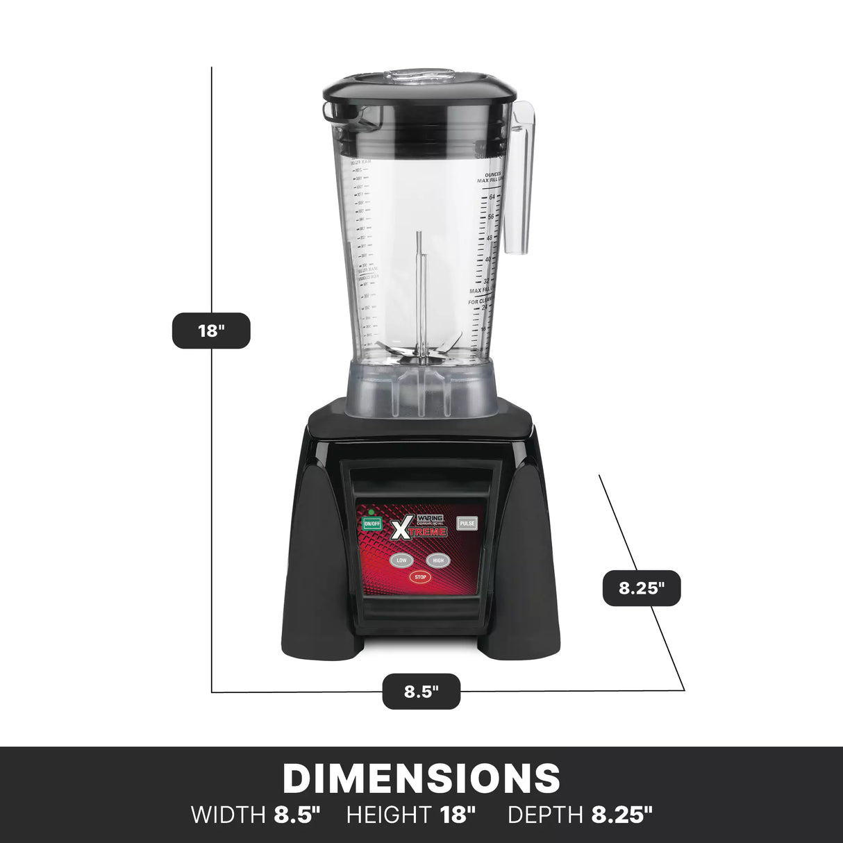 A black and clear Xtreme Series Blender with measurement markings is shown front-facing. Dimension lines indicate its 18" height, 8.5" width, and 8.25" depth. Bold label below reads DIMENSIONS: WIDTH 8.5 HEIGHT 18 DEPTH 8.25. Features powerful 3.5 HP motor.