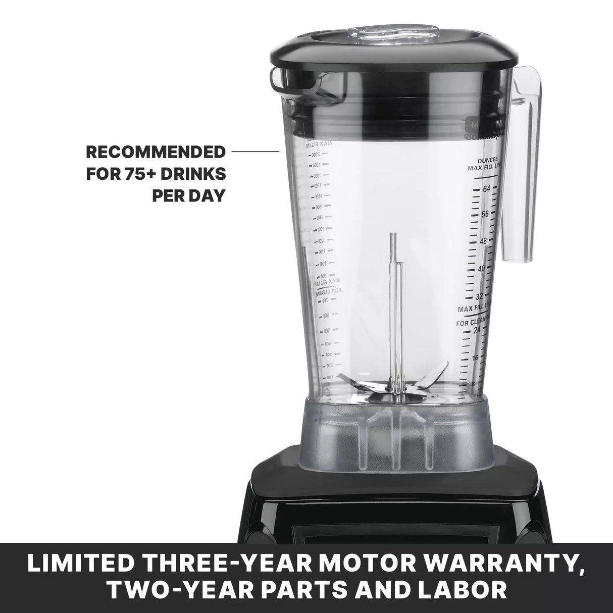 A black and clear Xtreme Series Blender with a tall pitcher, measurement markings, and handle. Features 3.5 HP power and is recommended for 75+ drinks daily. Text notes a limited three-year motor warranty, two-year parts and labor.