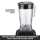 A black and clear Xtreme Series Blender with a tall pitcher, measurement markings, and handle. Features 3.5 HP power and is recommended for 75+ drinks daily. Text notes a limited three-year motor warranty, two-year parts and labor.