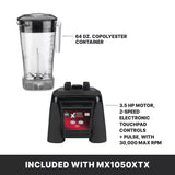 A 64 oz. copolyester Xtreme Series Blender container is shown above a black base labeled with features: 3.5 HP motor, 2-speed electronic touchpad controls, pulse, and 30,000 max RPM. Text below reads: "INCLUDED WITH MX1050XTX.