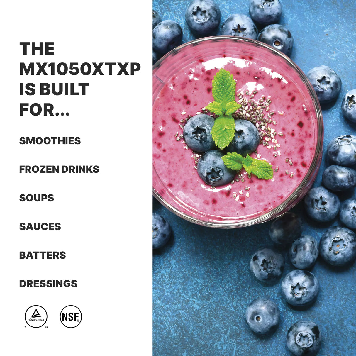 A glass bowl of pink smoothie topped with blueberries, mint leaves, and seeds sits on a blue surface scattered with fresh blueberries. On the left, bold text lists: The MX1050XTXP High-Power Blender is built for smoothies, frozen drinks, soups, sauces, batters, dressings.