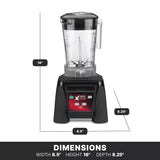 A black BPA Free Blender with a clear pitcher is shown, featuring labeled dimensions: height 16 inches, width 8.5 inches, and depth 8.25 inches. The blender is centered on a white background with a bold dimension guide below.