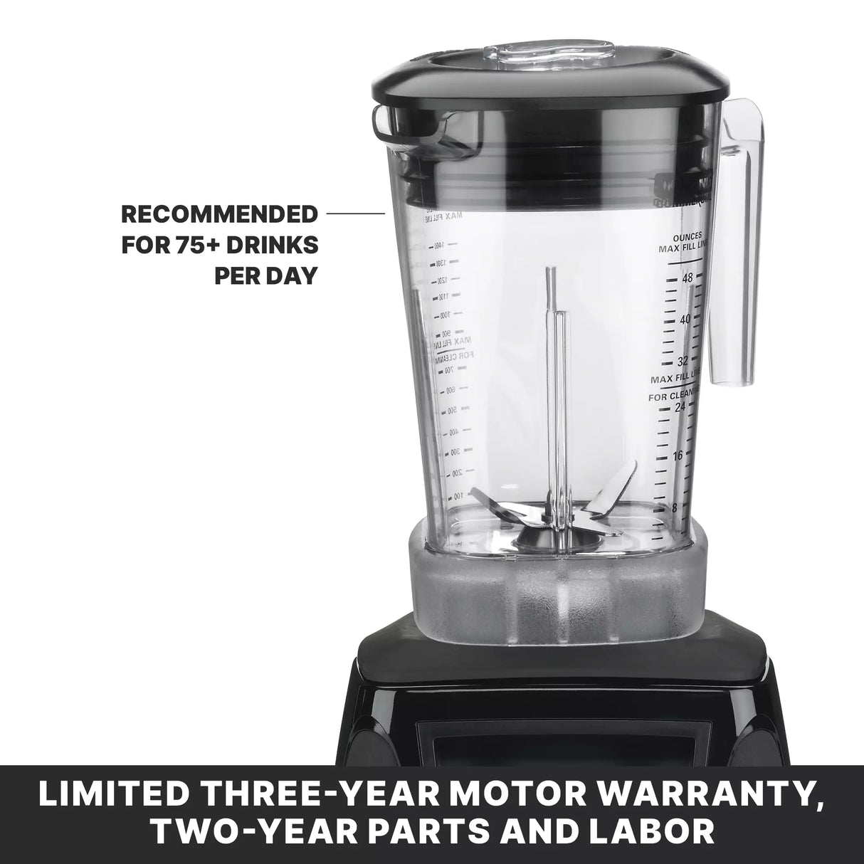 A heavy duty, BPA free blender with a transparent container and lid marked with measurements. Text points to the container: “Recommended for 75+ drinks per day.” A black banner reads: “Limited three-year motor warranty, two-year parts and labor.”.