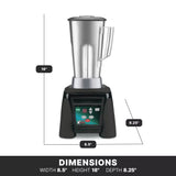 An Xtreme Series Blender with a 3.5 HP motor is shown, featuring a tall stainless steel container and black base. Labeled arrows display its dimensions: height 18 inches, width 8.5 inches, depth 8.25 inches, on a white background.
