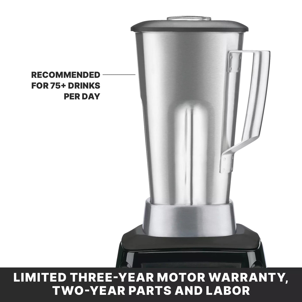 An Xtreme Series Blender with a 3.5 HP motor and stainless steel container sits on a black base. Text points to the blender: Recommended for 75+ drinks per day. Bottom text reads: Limited three-year motor warranty, two-year parts and labor.
