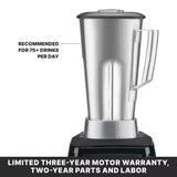 A 3.5 HP Xtreme Series Blender with a stainless steel container, handle, and lid sits on a black base. Text reads, RECOMMENDED FOR 75+ DRINKS PER DAY. A black banner states, LIMITED THREE-YEAR MOTOR WARRANTY, TWO-YEAR PARTS AND LABOR.