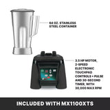 Image showing two components of the Xtreme Series Blender: a tall, 64 oz. stainless steel container on the left, and a black 3.5 HP blender base with electronic touchpad controls, timer, and speed settings on the right. INCLUDED WITH MX1100XTS.