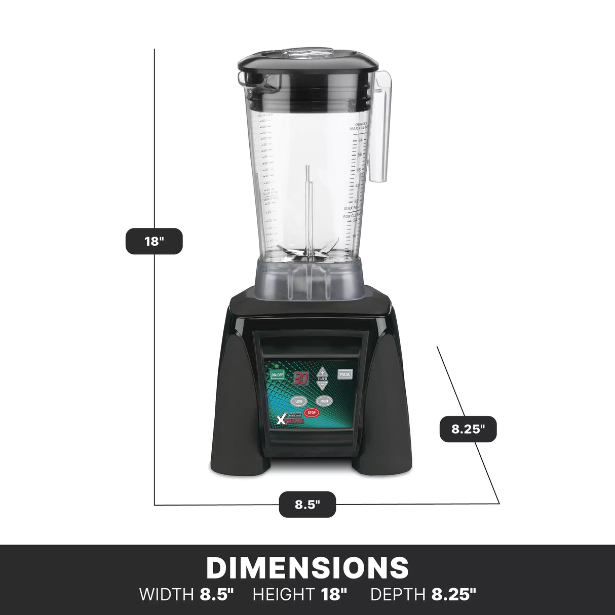 The Xtreme Series Blender, featuring a powerful 3.5 HP motor, is shown with labeled dimensions: 18 inches tall, 8.5 inches wide, and 8.25 inches deep. It sits on a digital control base against a white background.