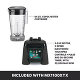 A 64 oz. copolyester blender jar sits atop a black Xtreme Series Blender base with a 3.5 HP motor, 2-speed electronic touchpad with pulse, and 30-second timer. Max RPM: 30,000. Caption: “Included with MX1100XTX.”.