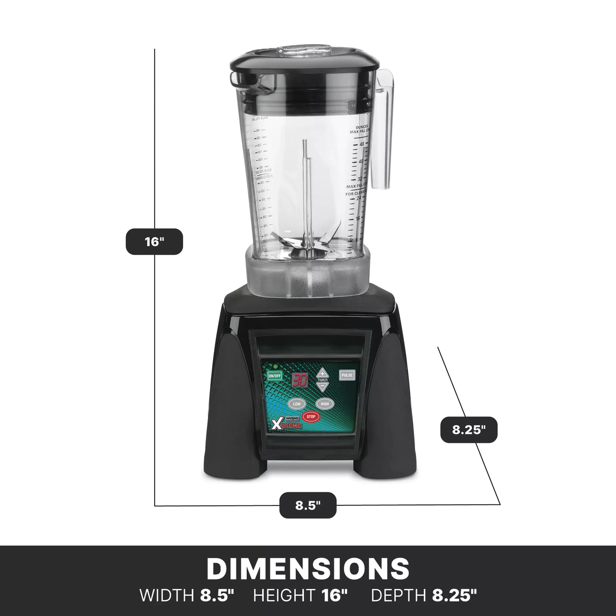 A black Xtreme Series Blender with a clear pitcher sits upright. Text and lines indicate its dimensions: 16 inches tall, 8.5 inches wide, and 8.25 inches deep. The front panel features buttons and a display; DIMENSIONS is boldly labeled below.