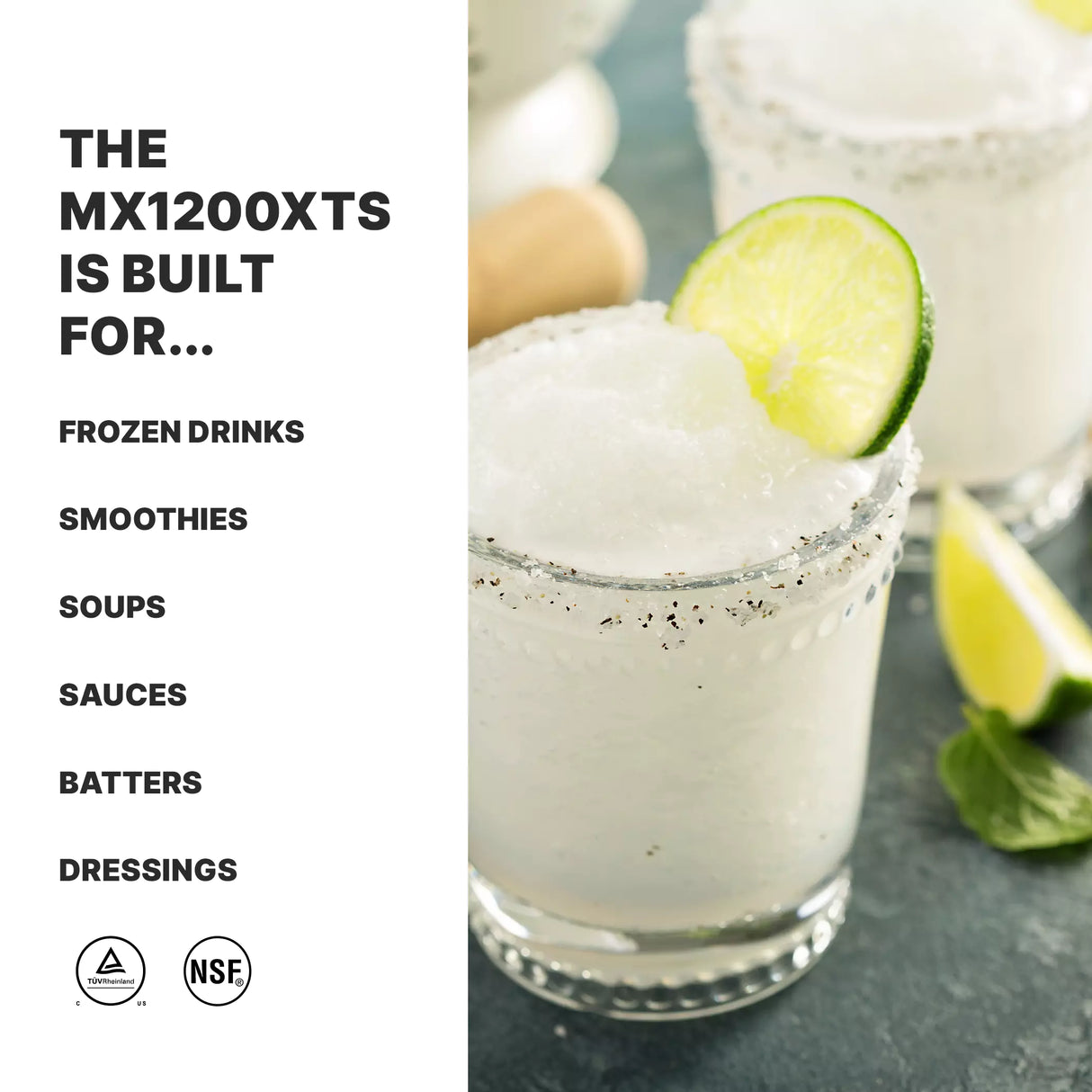 Two frosty margarita glasses rimmed with salt and garnished with lime wedges rest on a table. On the left, bold text highlights uses for the Xtreme Series Blender with 3.5 HP and a stainless steel container—ideal for drinks, soups, sauces, and more.