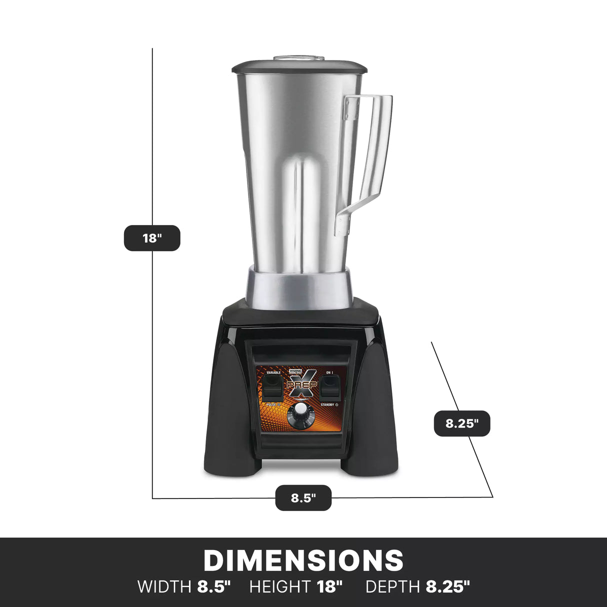 A silver Xtreme Series Blender with a handle sits on a black base featuring control buttons. Its 3.5 HP power and stainless steel container are highlighted, with dimensions—18" tall, 8.5" wide, 8.25" deep—bolded at the bottom.