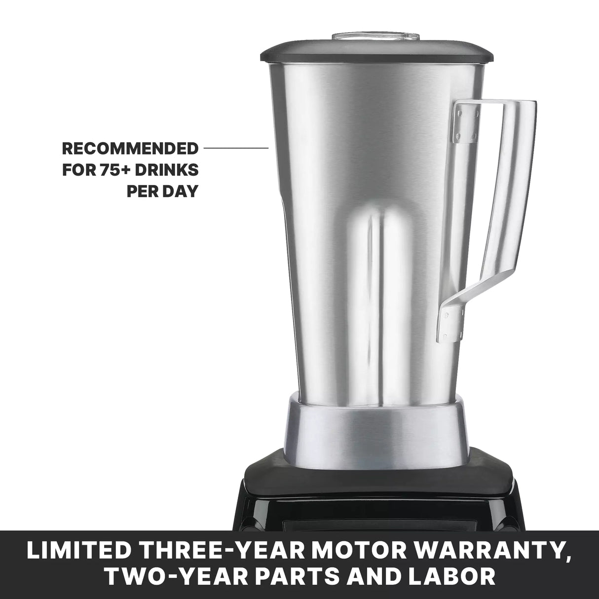 An Xtreme Series Blender with a powerful 3.5 HP motor features a stainless steel container and handle on a sleek black base. Text reads: RECOMMENDED FOR 75+ DRINKS PER DAY. Banner states, LIMITED THREE-YEAR MOTOR WARRANTY, TWO-YEAR PARTS AND LABOR.