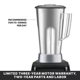 An Xtreme Series Blender with a powerful 3.5 HP motor features a stainless steel container and handle on a sleek black base. Text reads: RECOMMENDED FOR 75+ DRINKS PER DAY. Banner states, LIMITED THREE-YEAR MOTOR WARRANTY, TWO-YEAR PARTS AND LABOR.
