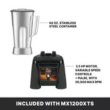 Top: A 64 oz. stainless steel container with handle. Bottom: A black Xtreme Series Blender base showing controls, labeled as a 3.5 HP motor with variable speeds, pulse, and 30,000 max RPM. Text below says: Included with MX1200XTS.