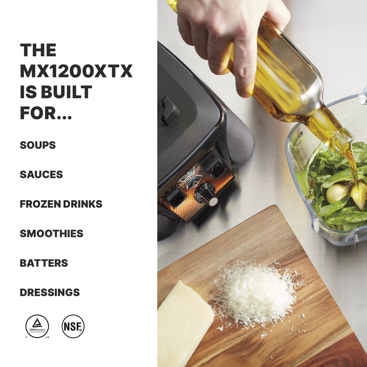 A hand pours oil from a glass bottle into a 2 liter copolyester container filled with greens and garlic. Next to the Xtreme Series Blender are grated cheese, a cheese block, and the blender base. Text lists MX1200XTX uses: soups, sauces, drinks, smoothies, batters, dressings.