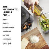 A hand pours olive oil into a blender jar with spinach and garlic. Beside it is the Xtreme Series Blender base, a block of cheese, and grated cheese. Text on the left lists foods the 3.5 HP MX1200XTX is built for, plus certification icons below.